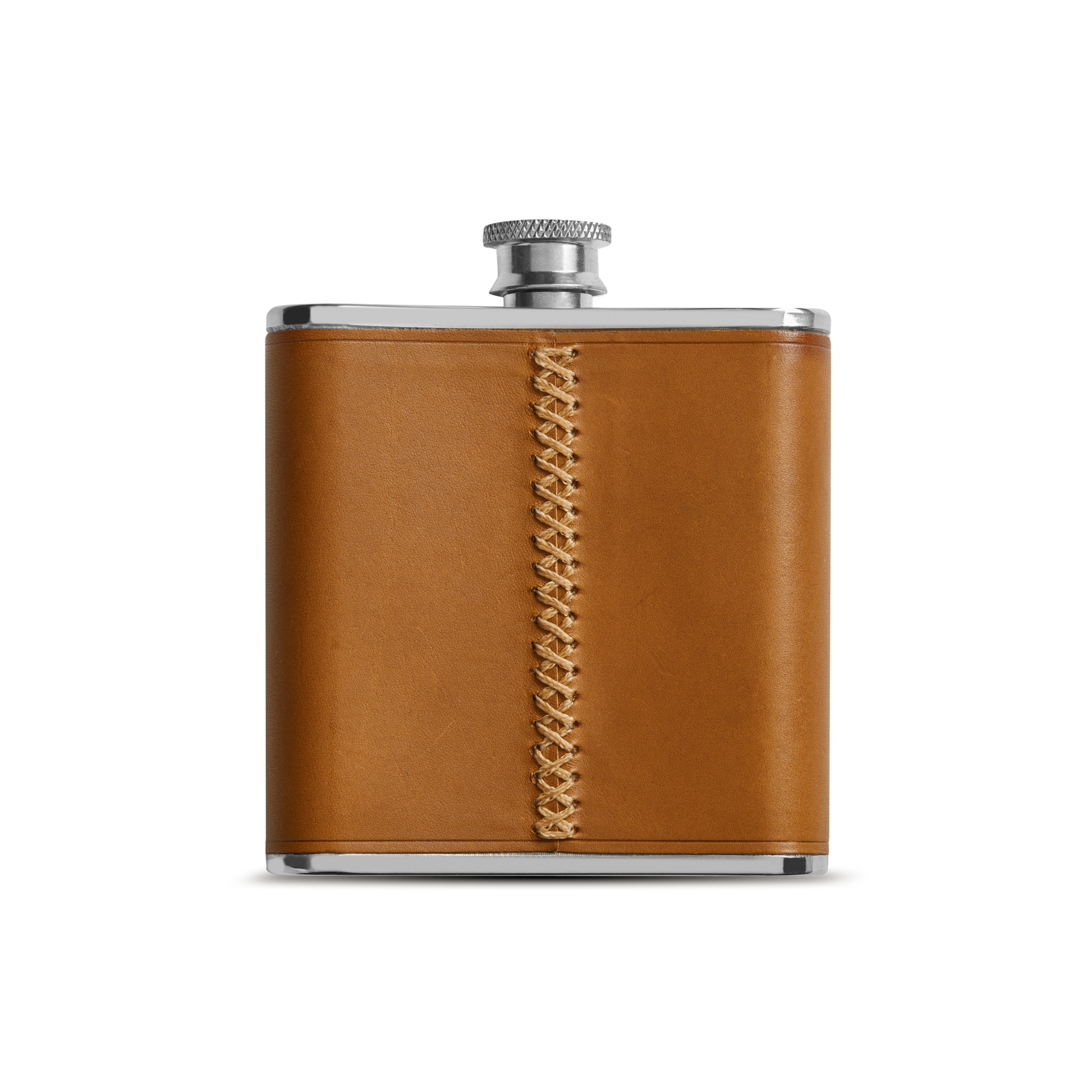 The Shinola Leather Wrapped Flask - Tan features a stainless steel body wrapped in tan Italian Vachetta leather with decorative center stitching, shown against a plain white background.
