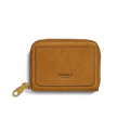 The Shinola Pocket Small Zip Around Wallet in tan natural leather features a gold zipper pull and embossed branding on the front pocket, shown against a white background.