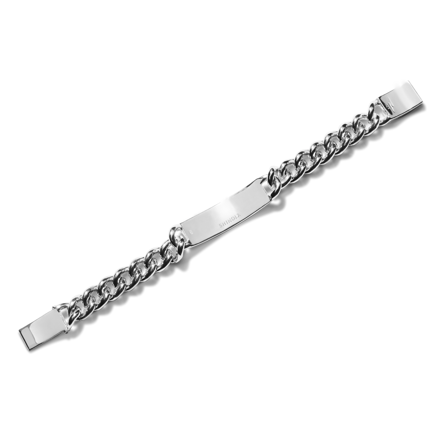 The Shinola Bike Lock ID Bracelet - Sterling Silver features a polished, flat engravable plate and thick, interlocking links, shown diagonally on a plain white background.