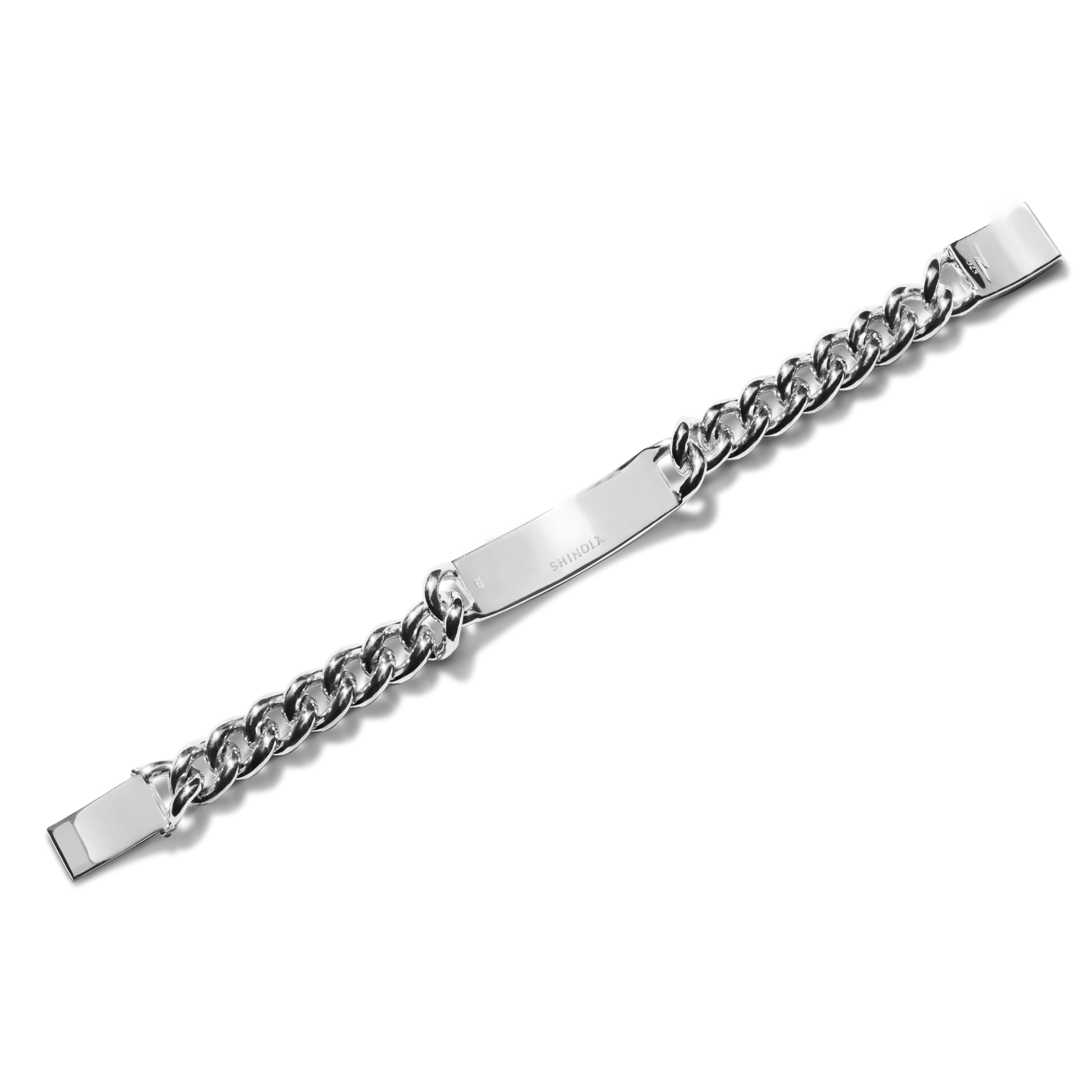 The Shinola Bike Lock ID Bracelet - Sterling Silver features a polished, flat engravable plate and thick, interlocking links, shown diagonally on a plain white background.