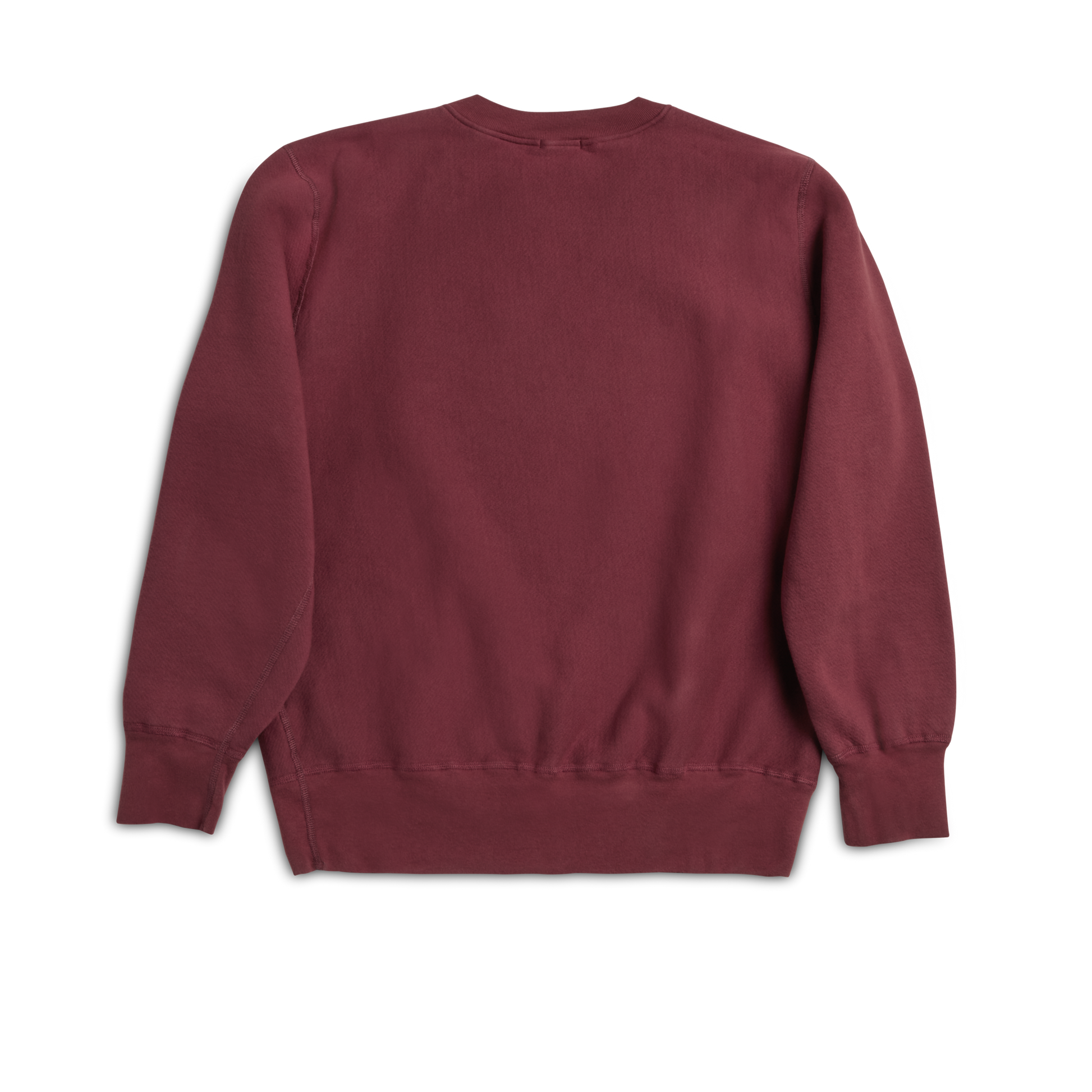 The Shinola Fleece Logo Sweatshirt - Merlot is a unisex, classic-fit sweatshirt made from American cotton fleece, shown from the back with long sleeves, ribbed cuffs and hem, on a white background.