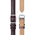 Two Shinola QR Strap: 14/14 Essence, Drop Loop VSQ, PoSS - Plum watch straps are shown—one displays the smooth plum leather with a silver buckle; the other reveals the tan underside with embossed text. The background is plain white.
