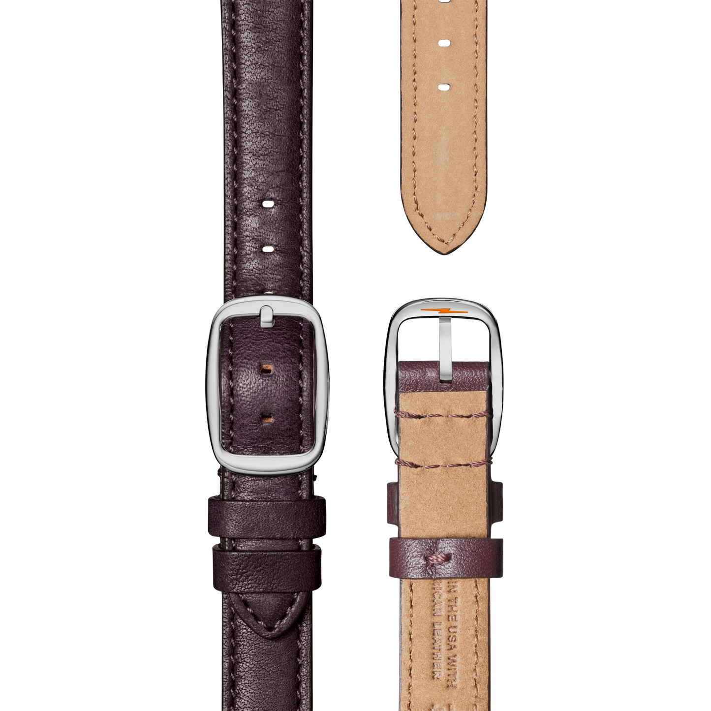Two Shinola QR Strap: 14/14 Essence, Drop Loop VSQ, PoSS - Plum watch straps are shown—one displays the smooth plum leather with a silver buckle; the other reveals the tan underside with embossed text. The background is plain white.