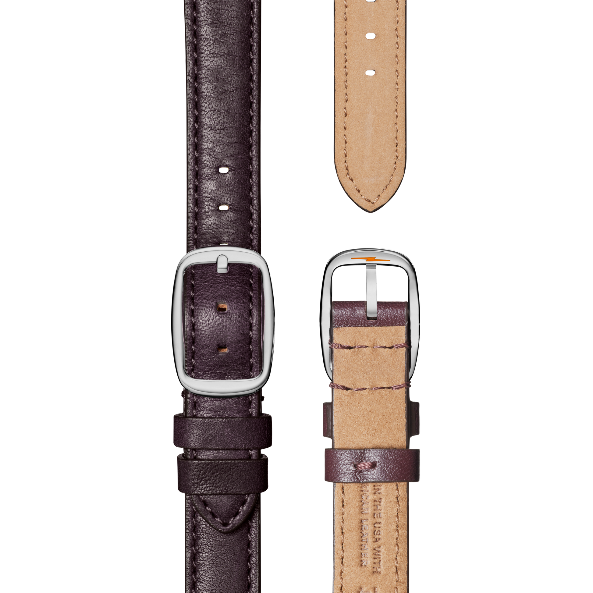Two Shinola QR Strap: 14/14 Essence, Drop Loop VSQ, PoSS - Plum watch straps are shown—one displays the smooth plum leather with a silver buckle; the other reveals the tan underside with embossed text. The background is plain white.