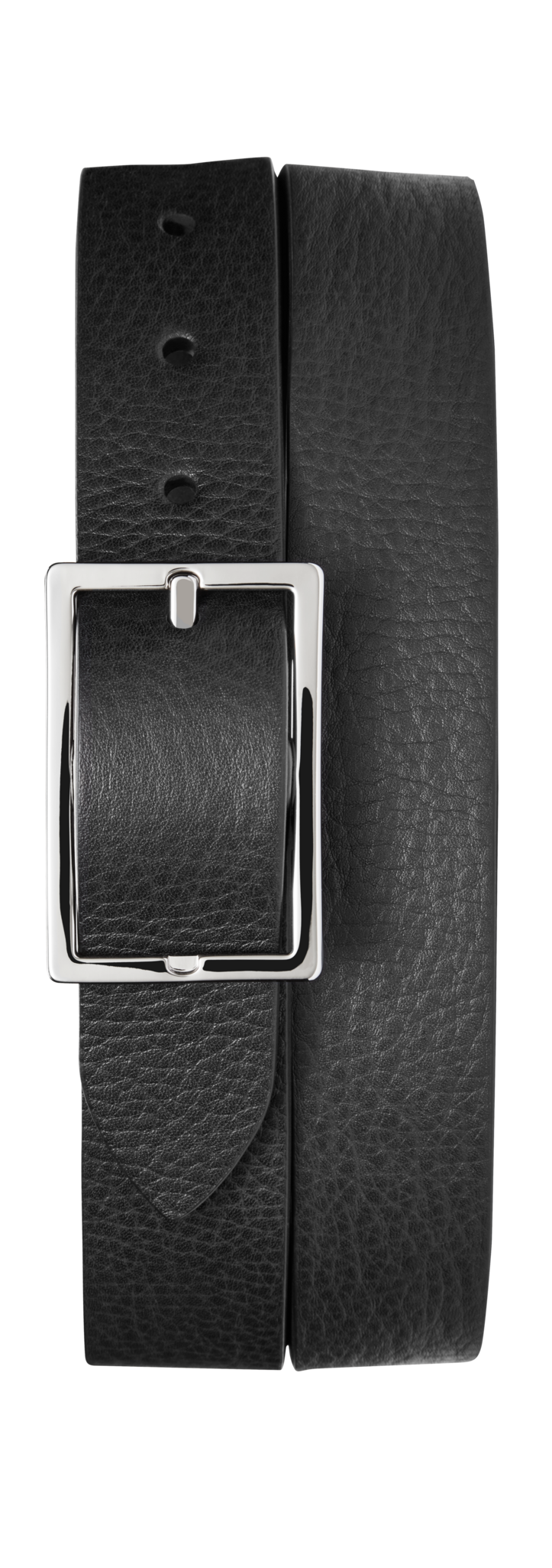 The Shinola 1 1/4" Reversible Rectangle Buckle Belt in black features a pebbled leather finish and a sleek silver buckle, making it a timeless everyday accessory.