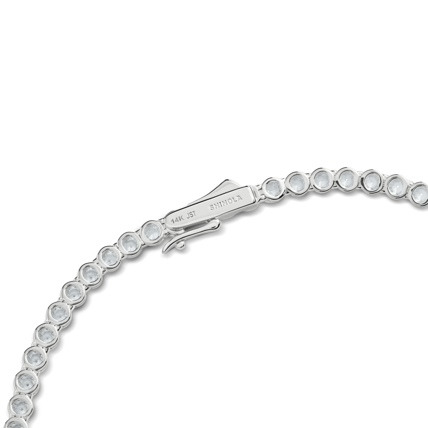 A close-up of the Shinola 5 Carat Diamond Tennis Necklace in white gold, showcasing round clear gemstones in individual settings on a white background.