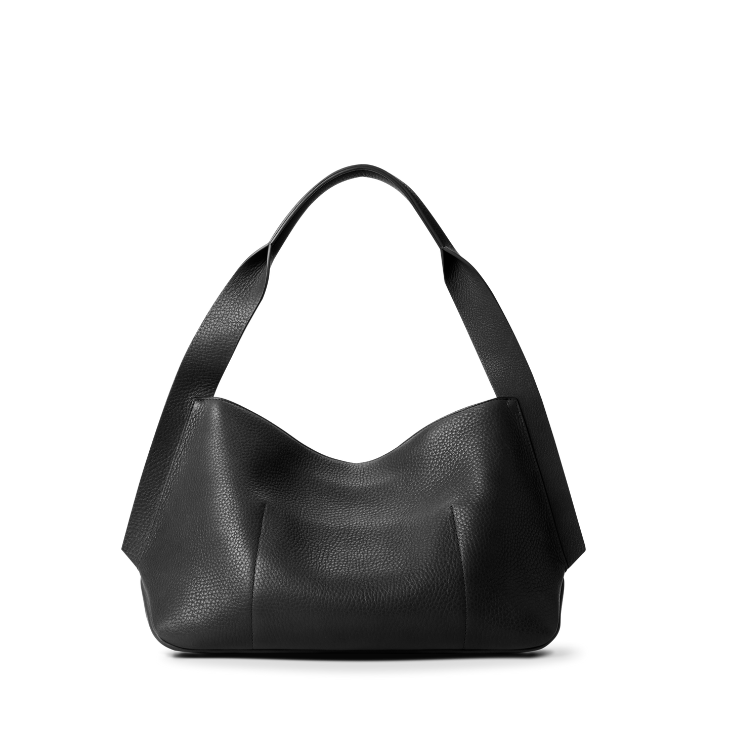 The Shinola Medium Derby Shoulder Bag - Black is crafted from natural grain leather with a textured finish, featuring a wide shoulder strap and zip closure. Its minimalist design is showcased against a plain white background.