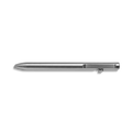 The Shinola Tactile Turn Titanium Bolt Action Pen is displayed horizontally on a white background, showcasing its sleek titanium finish, sturdy clip, and distinctive side button while casting a subtle shadow.