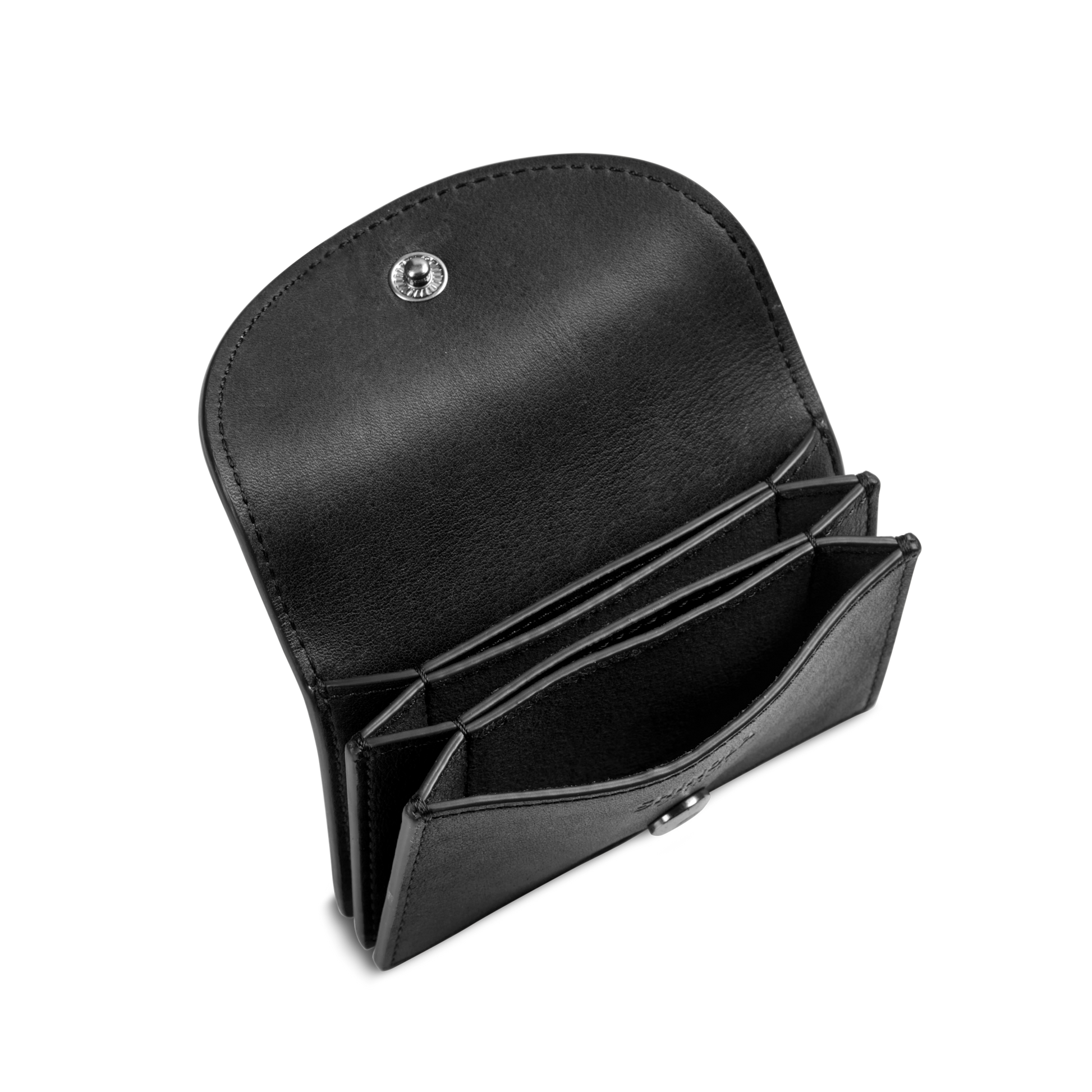 The Shinola Birdy Accordion Card Holder in black natural leather is shown with its flap open, displaying multiple card pockets and compartments for organizing cards and cash against a plain white background.