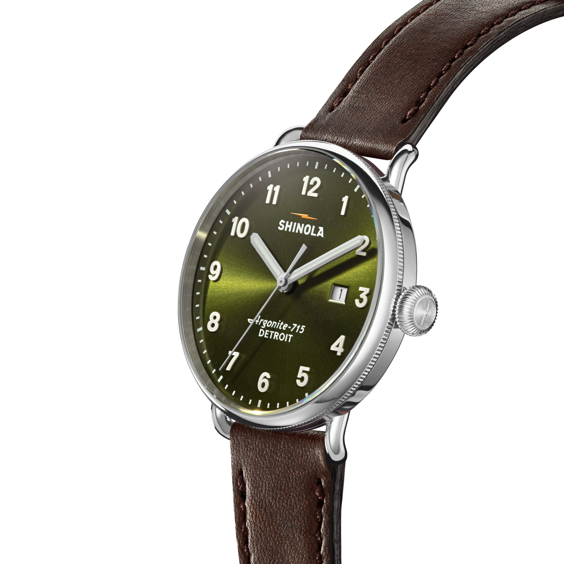 Shinola Canfield Watch - Dark Olive with a green dial, stainless steel case, and brown leather strap.